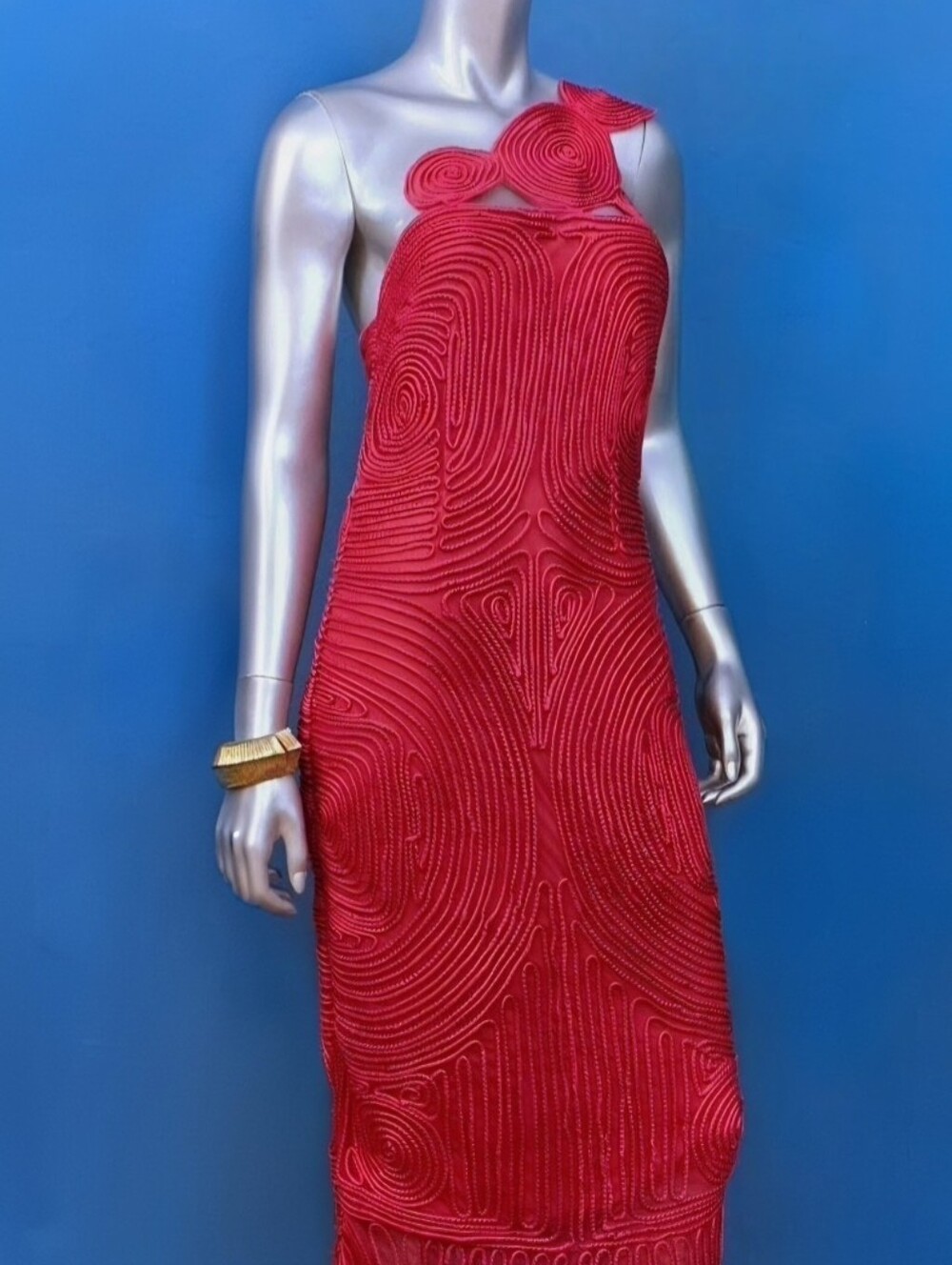🆕️🔴ARRANGE Embroidered Satin One Shoulder Maxi Dress w/ Cutwork Design / (NWT)